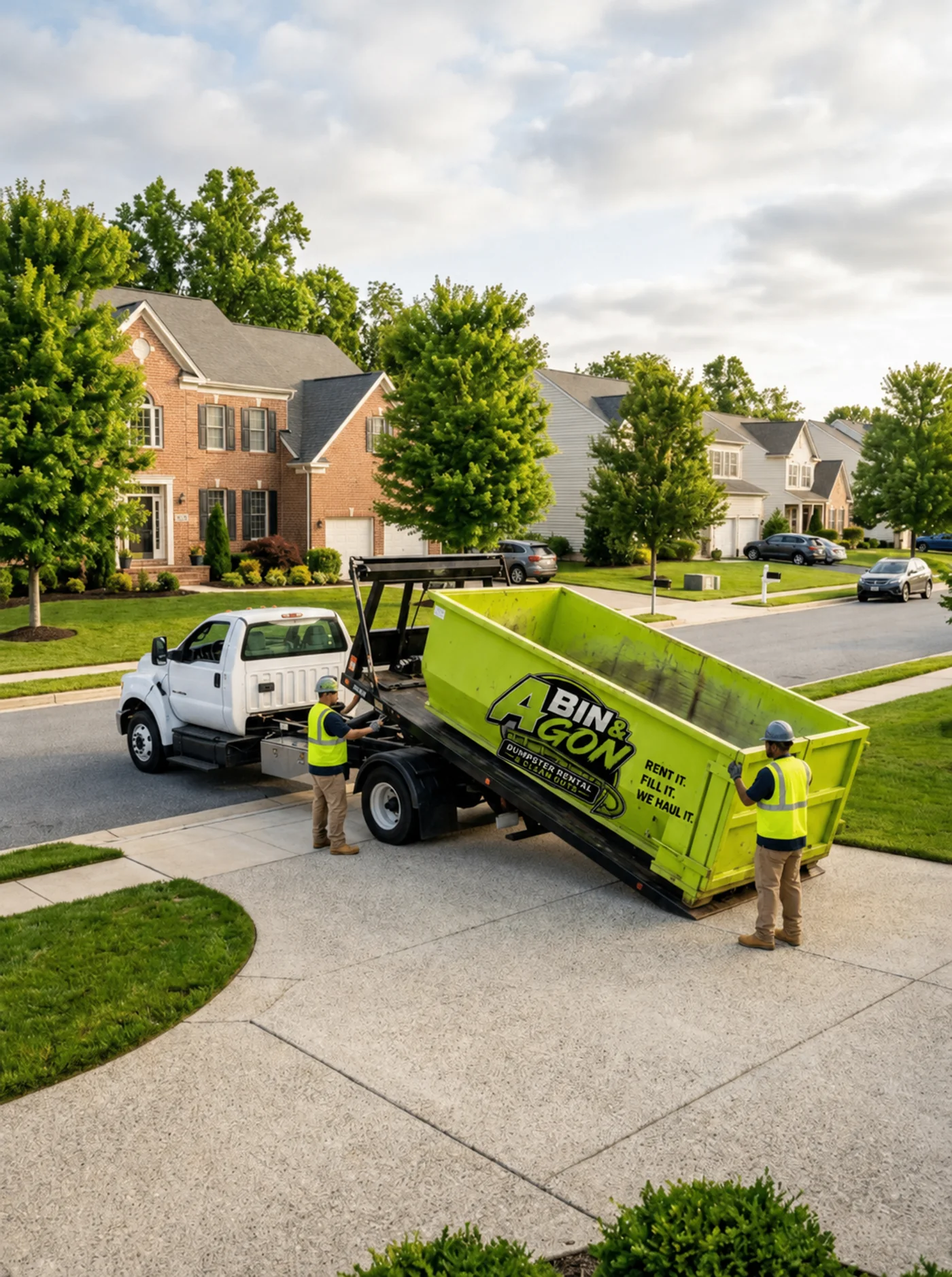 A Bin & Gon container staged on a tight residential street for a cleanout job